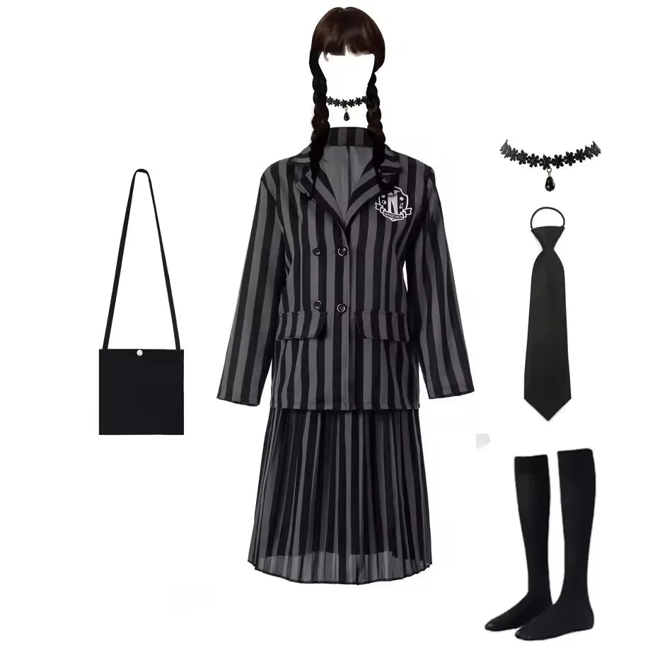 Black Striped Uniform Wednesday Addams Kids Costume Dress