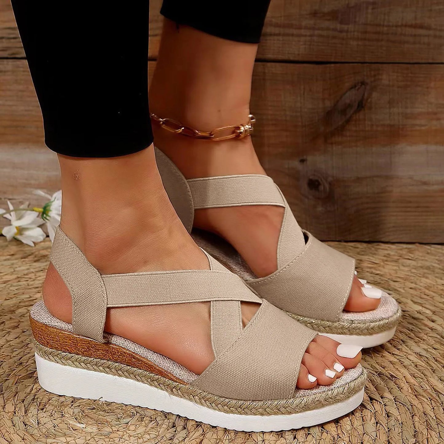 Women's Wedge Sandals with Elastic Strap and Open Toe