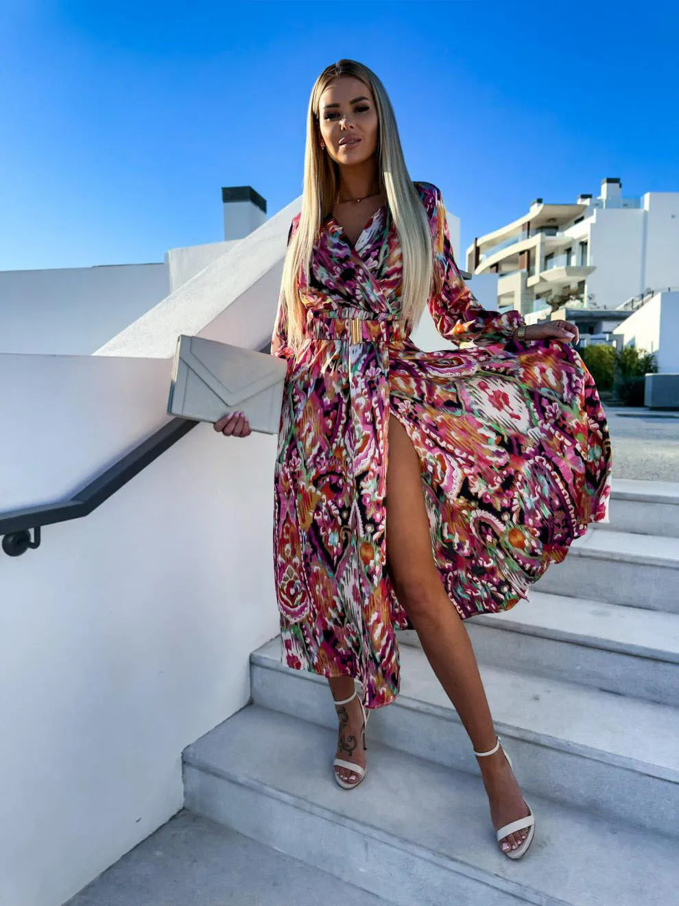 Bohemian Floral High-Slit Dress with Belt