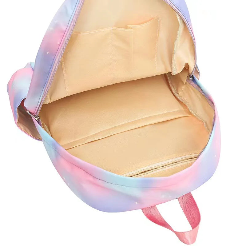 Backpack with colorful exterior and beige interior on a white background