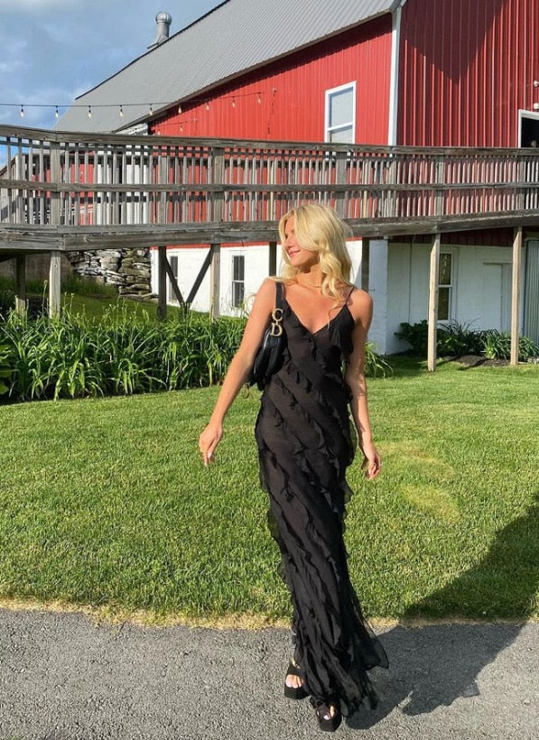 Chic Maxi Dress with Ruffles & V-Neck