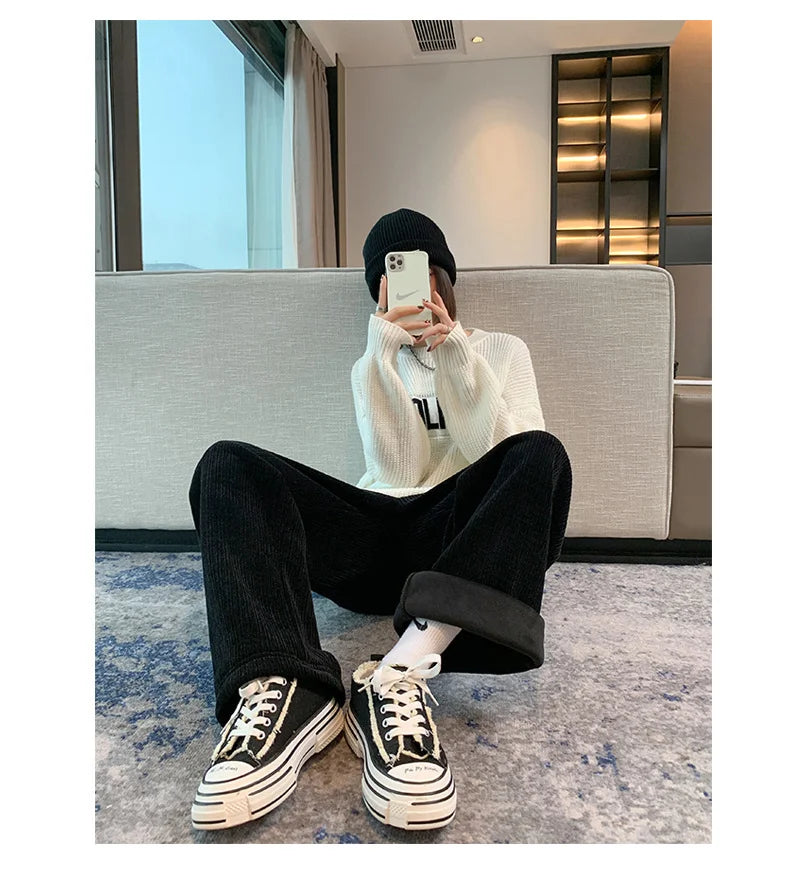 Women's Fleece Lined Wide Leg Winter Pants, Casual High Waist