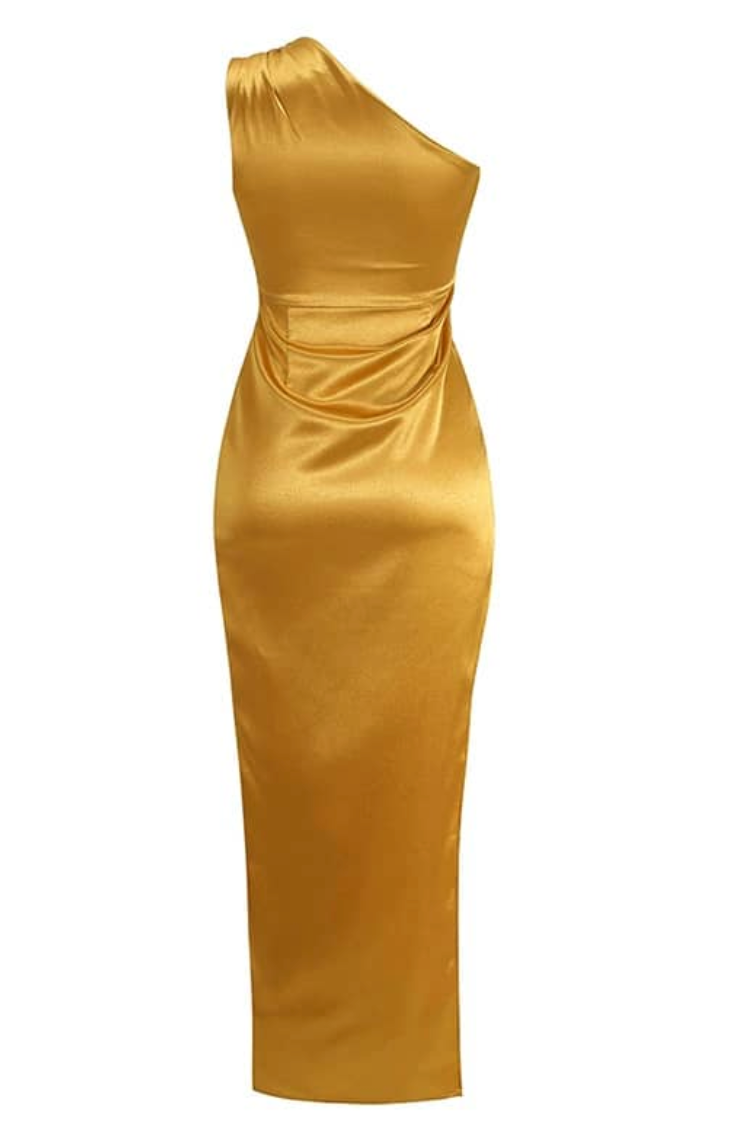 Elegant Gold Silk Maxi Dress with Slit