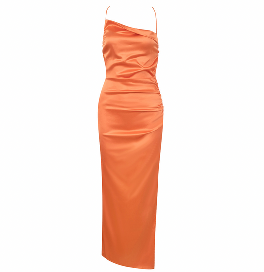 Chic Apricot Silk Halter Maxi Dress