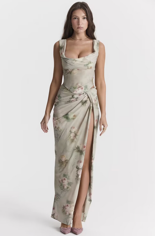 Chic Brown Floral Corset Maxi Dress