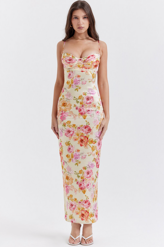 Charming Floral Maxi Dress with Heart Neckline