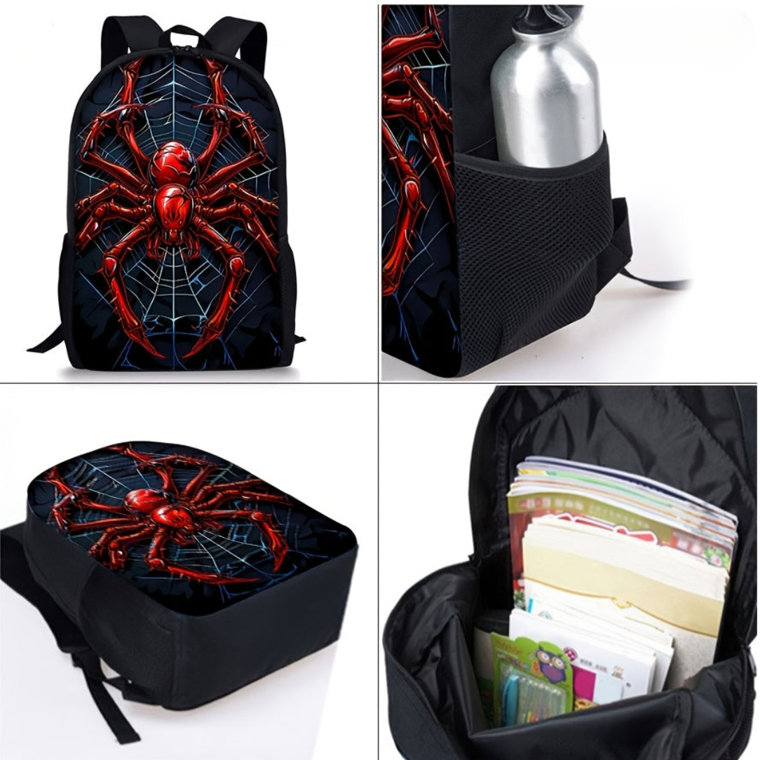 3-Piece Backpack Set with Red Spider Web Design