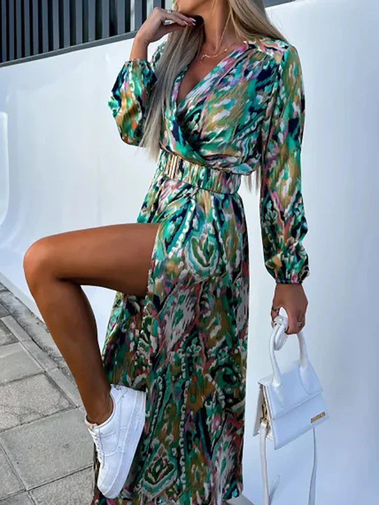 Bohemian Floral High-Slit Dress with Belt