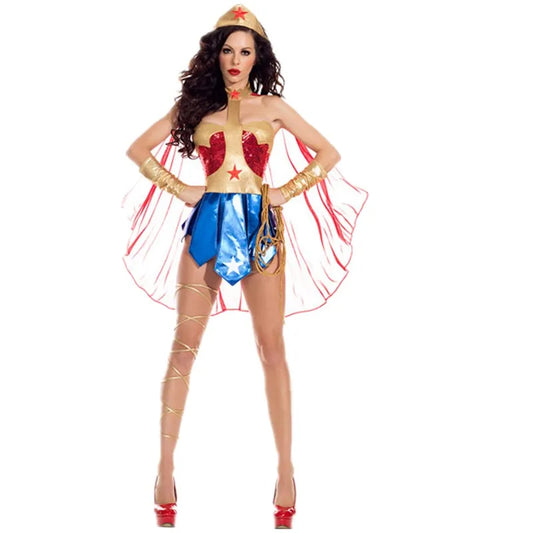 Women's Superhero Costume with Cape, Belt, and Accessories