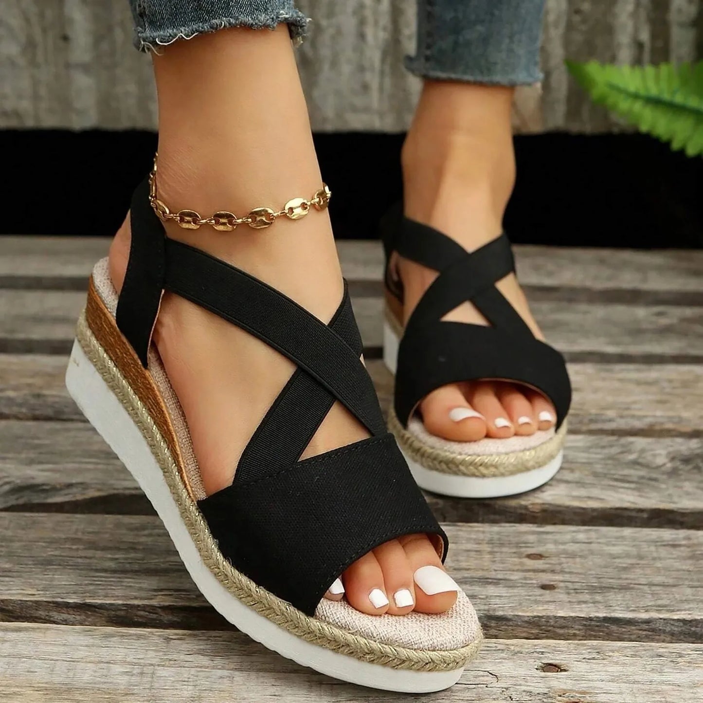 Women's Wedge Sandals with Elastic Strap and Open Toe