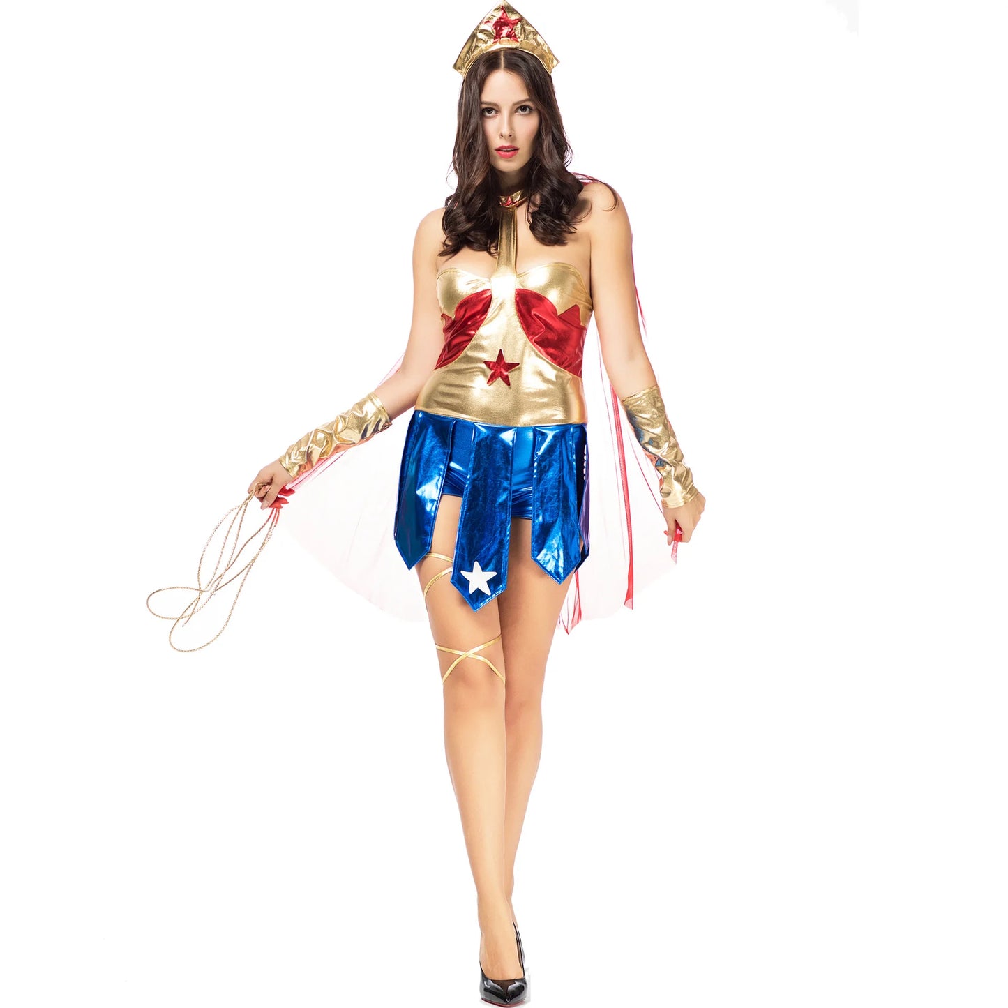 Women's Superhero Costume with Cape, Belt, and Accessories
