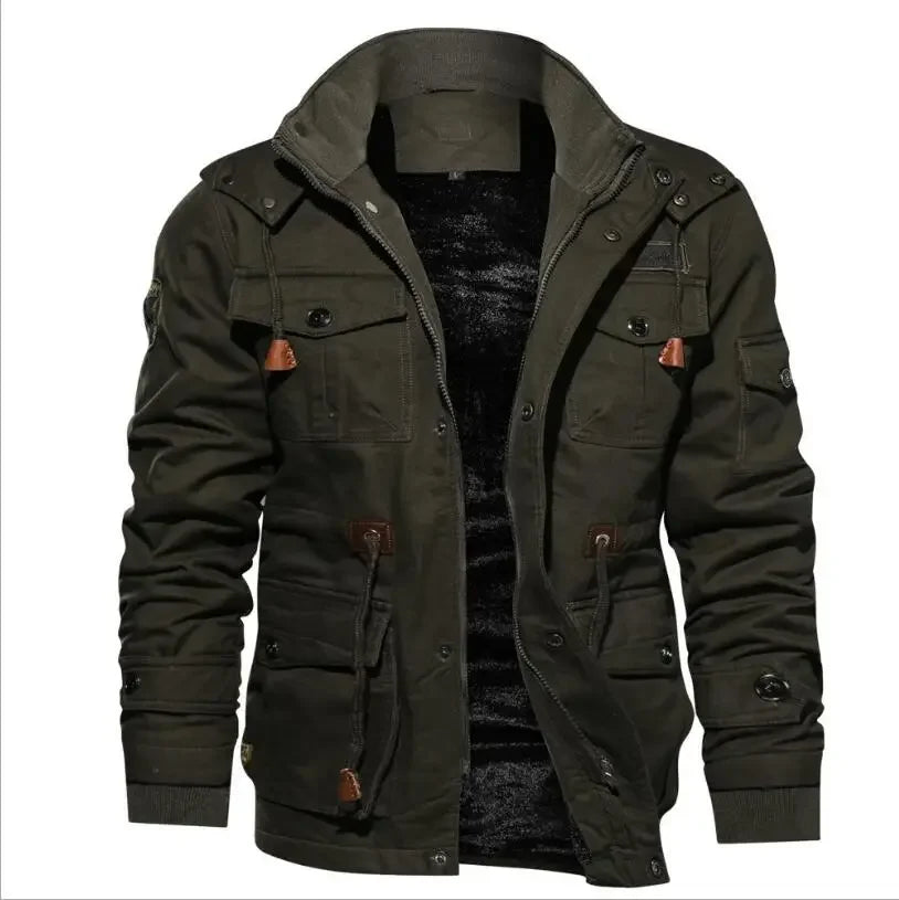 Men's Hooded Military-Style Jacket with Multi-Pocket Design
