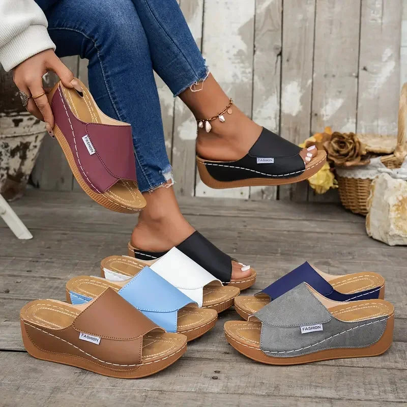 Wedge Sandals with Open Toe and Buckle Strap