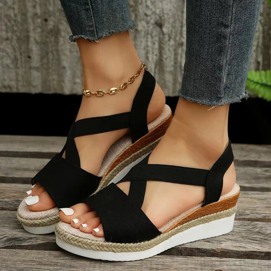 Women's Wedge Sandals with Elastic Strap and Open Toe