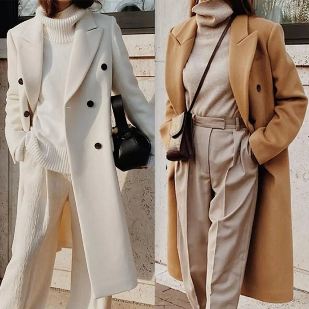 Women's Long Double Breasted Coat with Lapel Collar