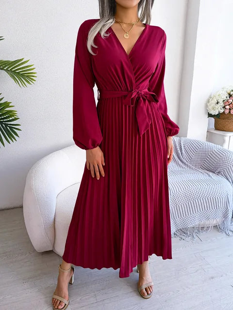 Elegant V-Neck Pleated Maxi Dress