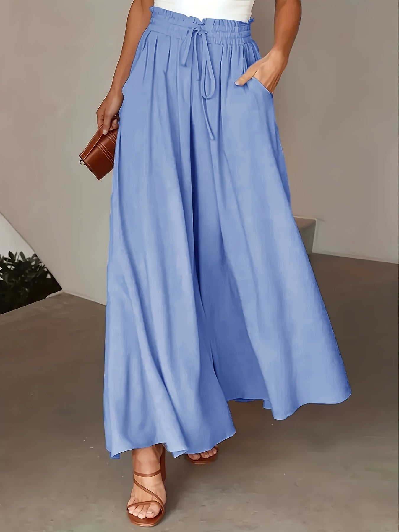 Women’s Wide Leg High Waist Long Pants with Elastic Waistband