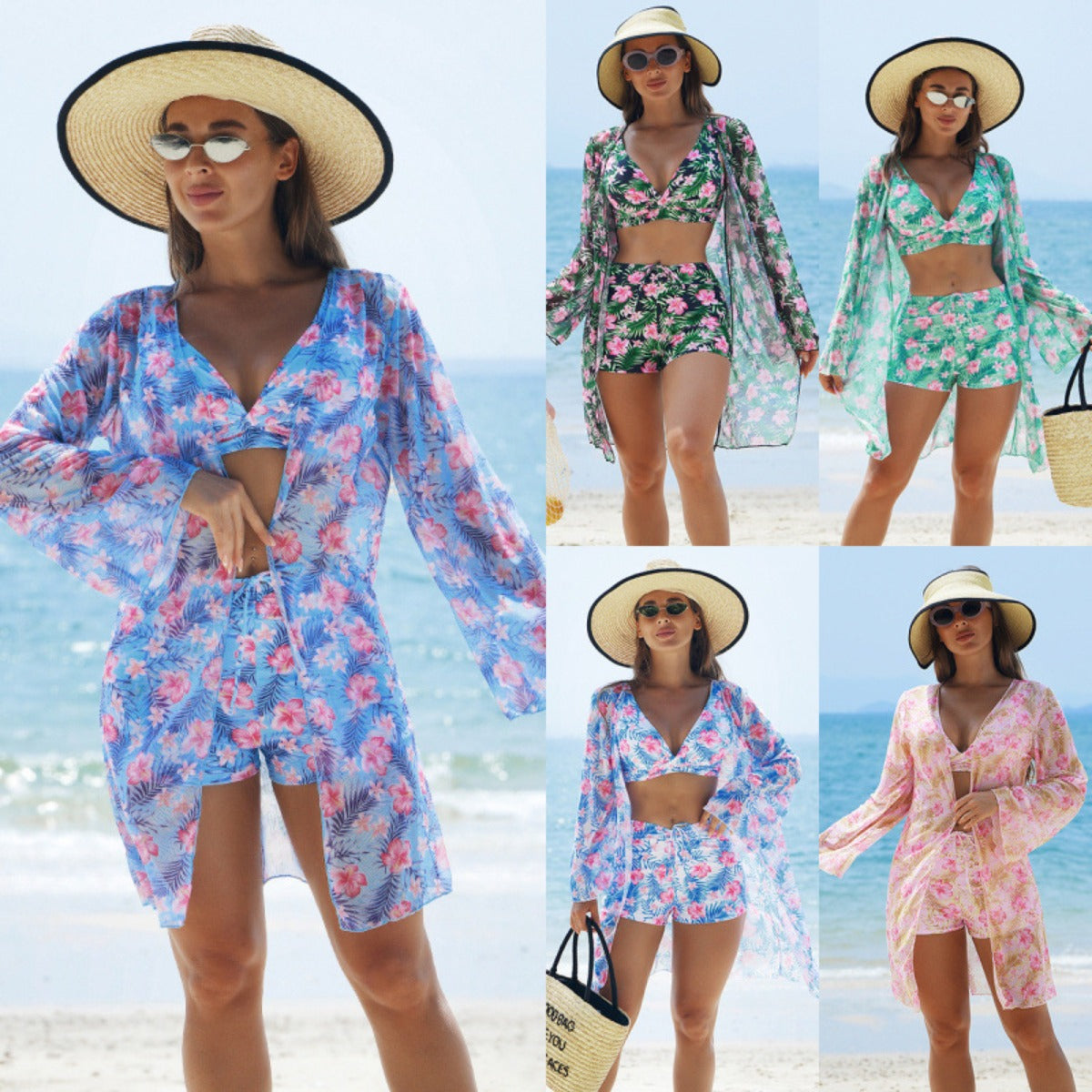 Printed Three-Piece Swimwear Set with Cover-Up