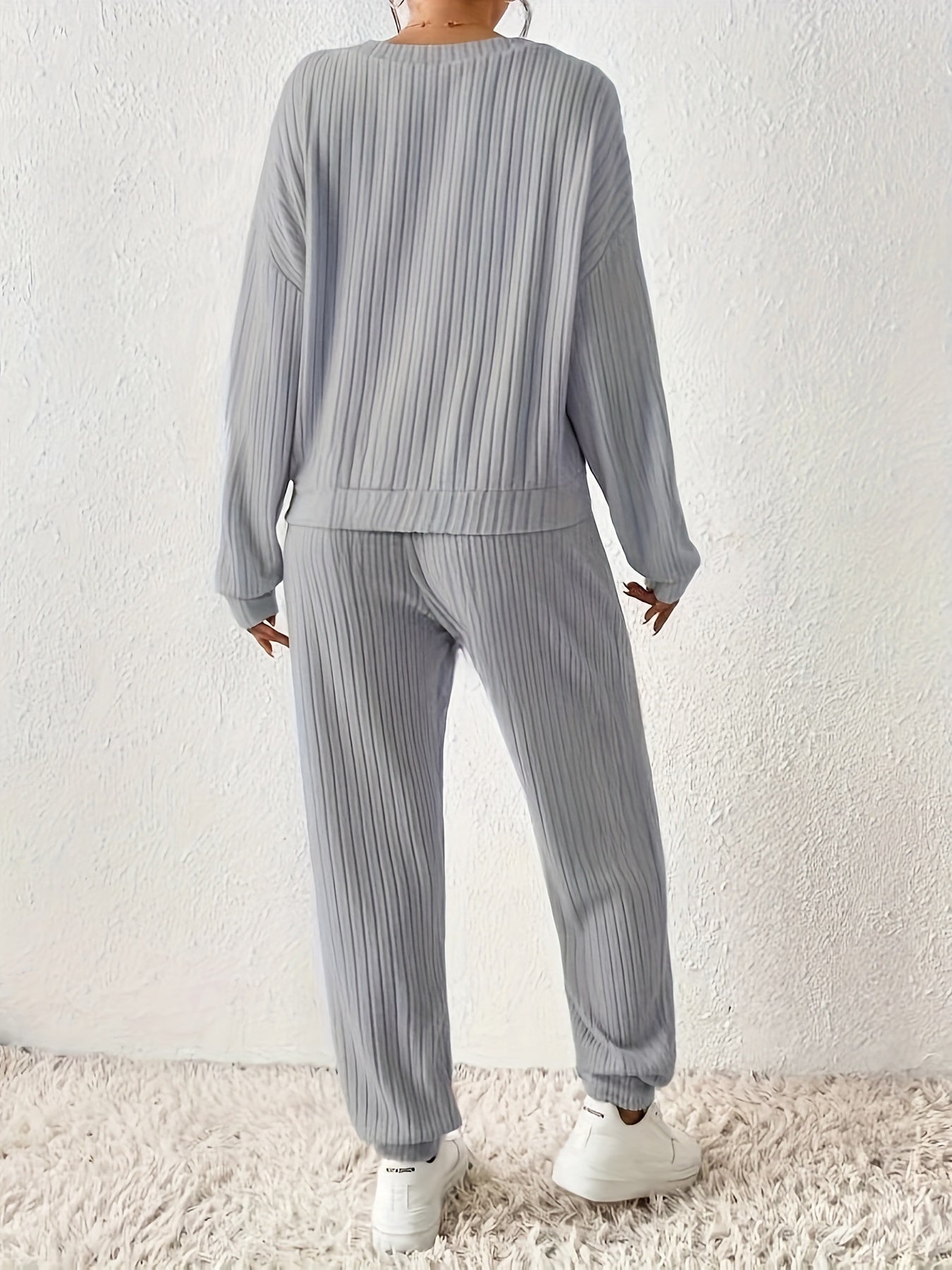 Women’s Ribbed V-Neck Loungewear Set – Two-Piece Solid Color