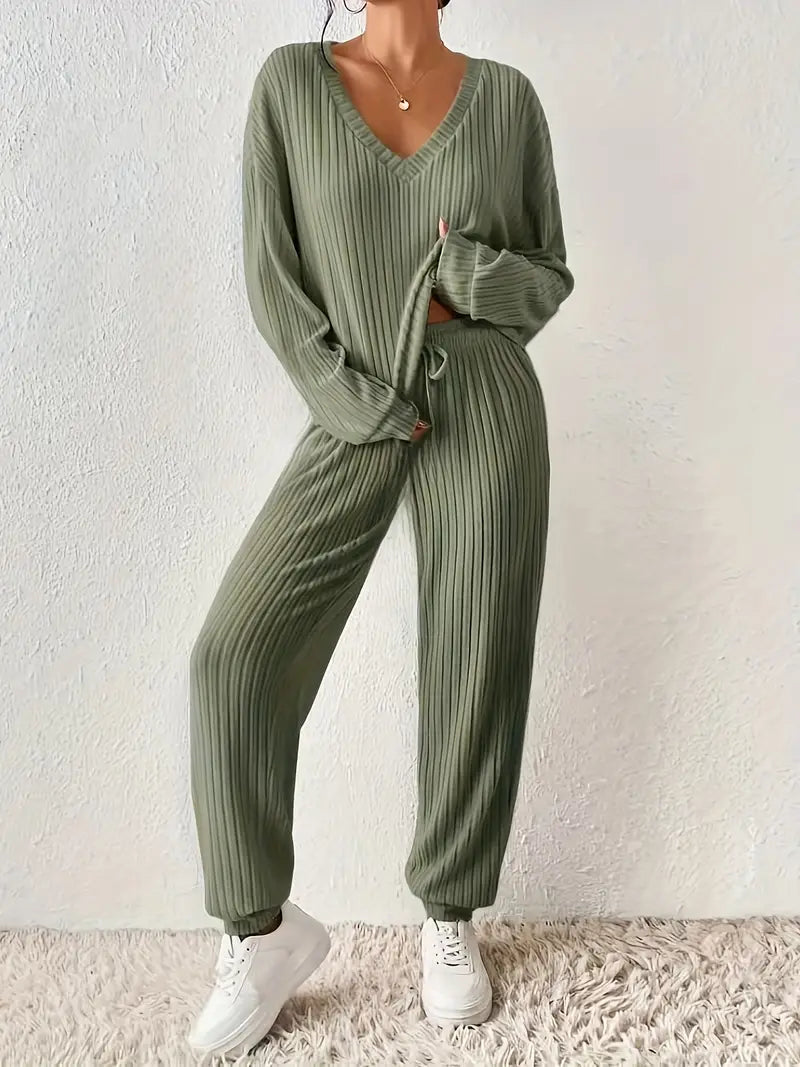 Women’s Ribbed V-Neck Loungewear Set – Two-Piece Solid Color