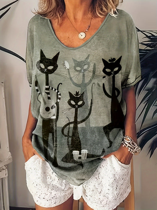 Women’s Casual V-Neck T-Shirt with Cat Print – Olive