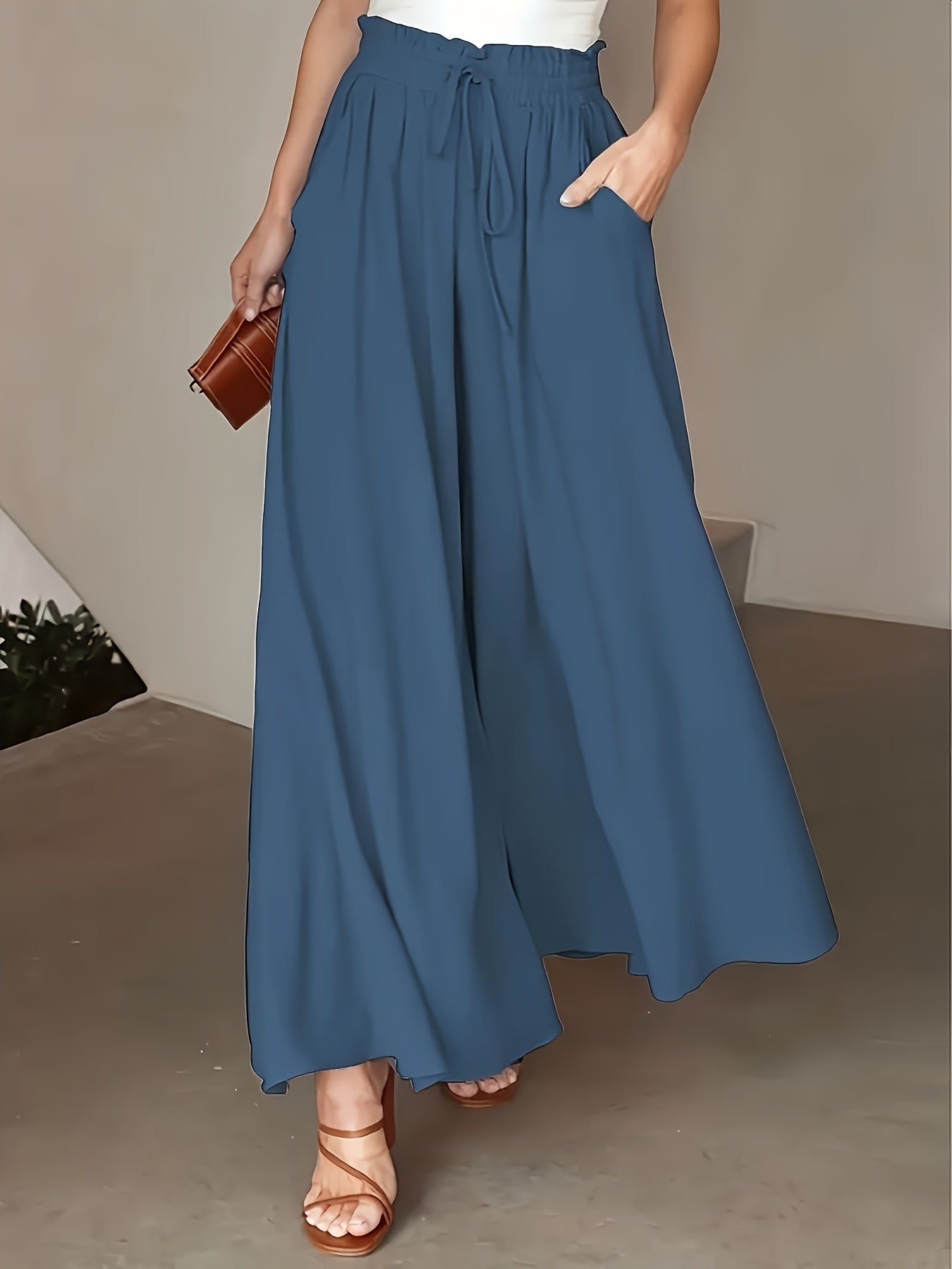 Women’s Wide Leg High Waist Long Pants with Elastic Waistband
