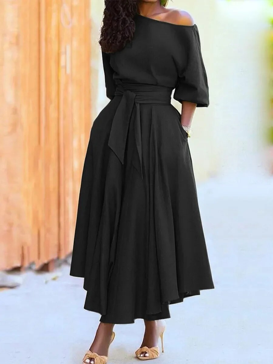 Elegant Off-the-Shoulder Lantern Sleeve Dress