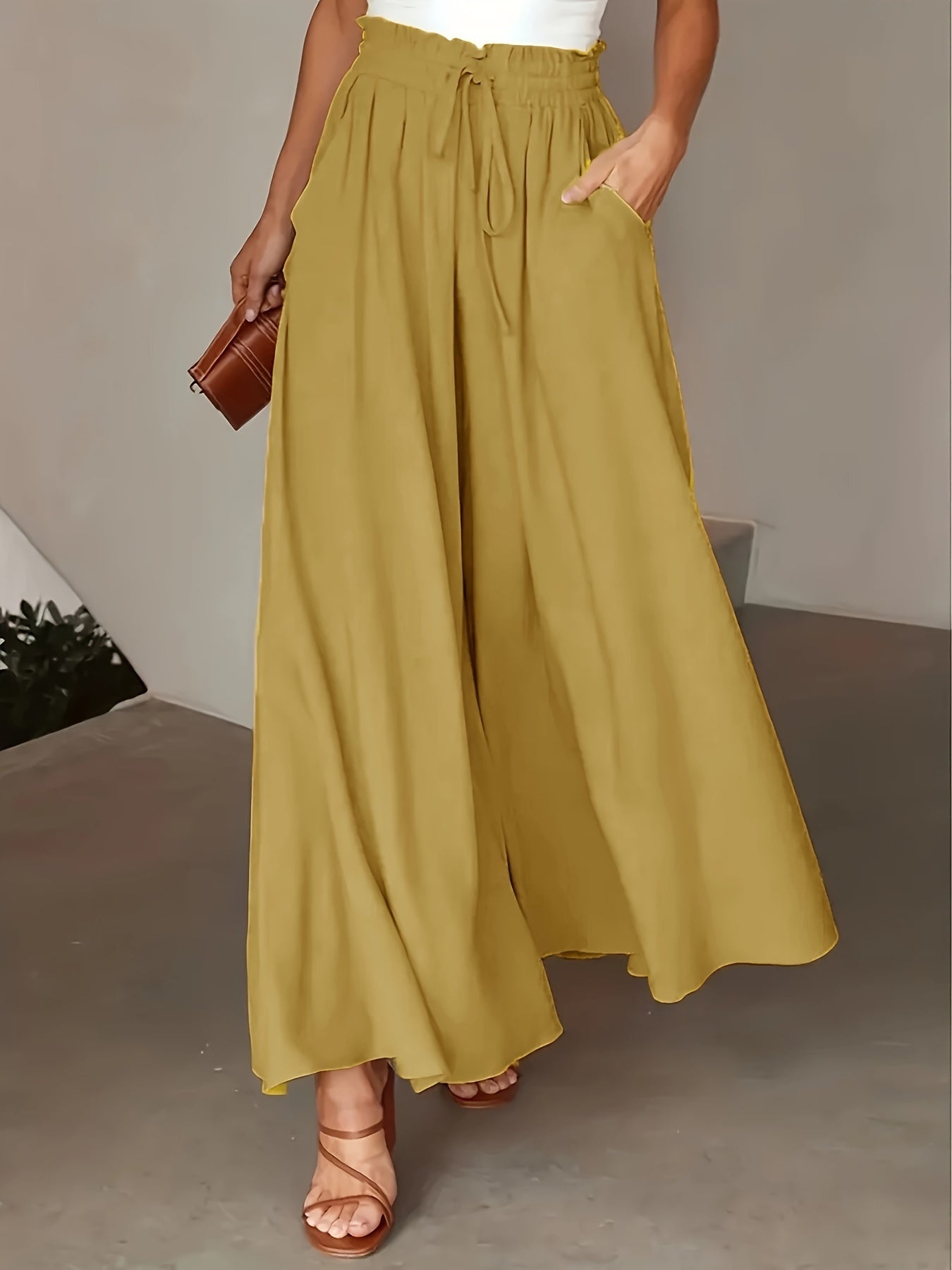 Women’s Wide Leg High Waist Long Pants with Elastic Waistband