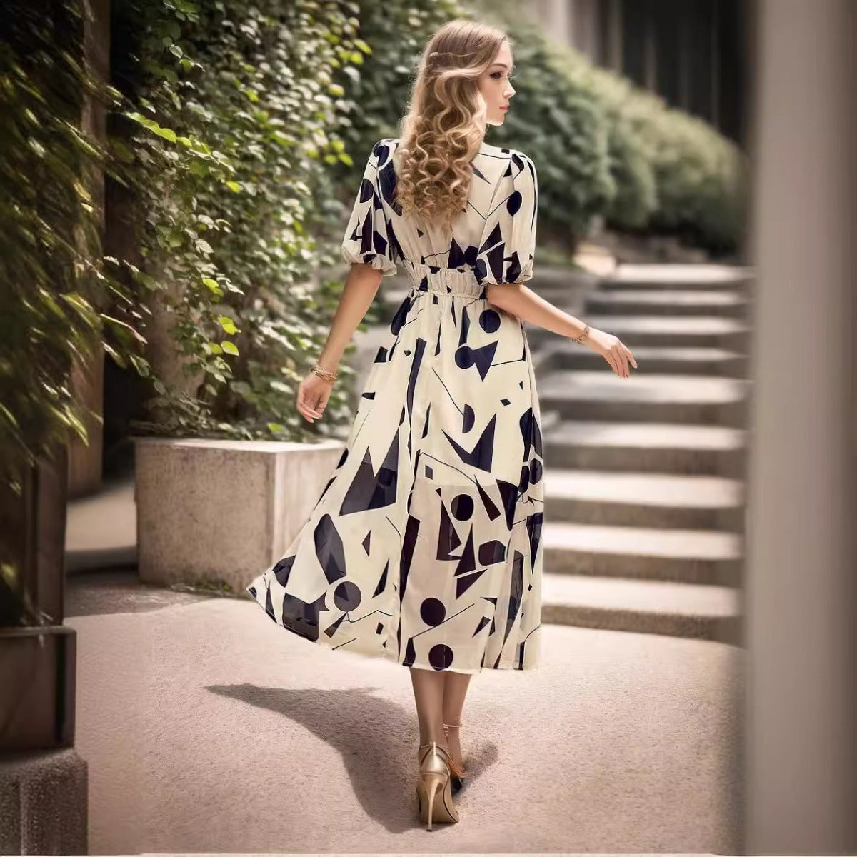 Printed Long Dress with Short Sleeves and A-Line Cut