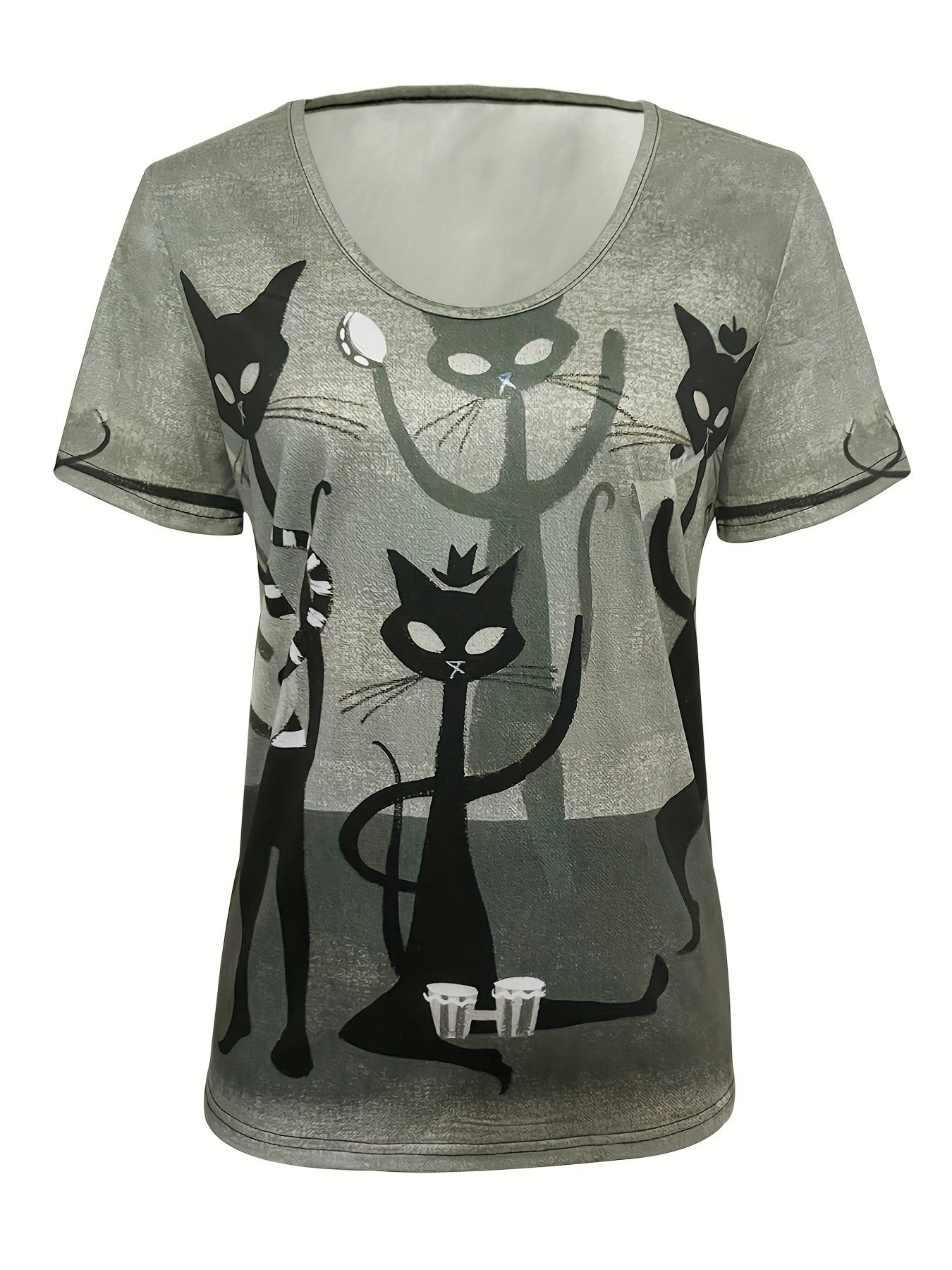 Women’s Casual V-Neck T-Shirt with Cat Print – Olive