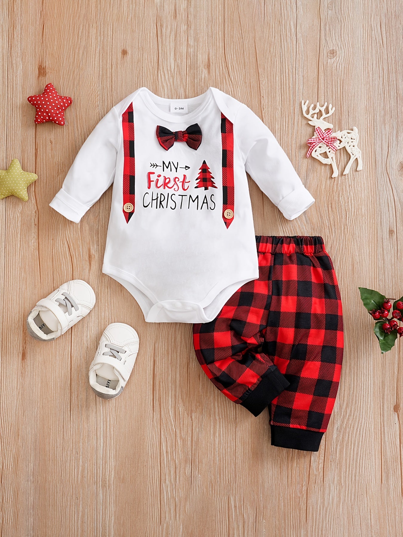 Baby Bodysuit and Plaid Pants Set with Festive Print