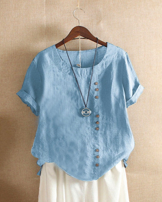 Short Sleeve Cotton Blouse with Button Detail