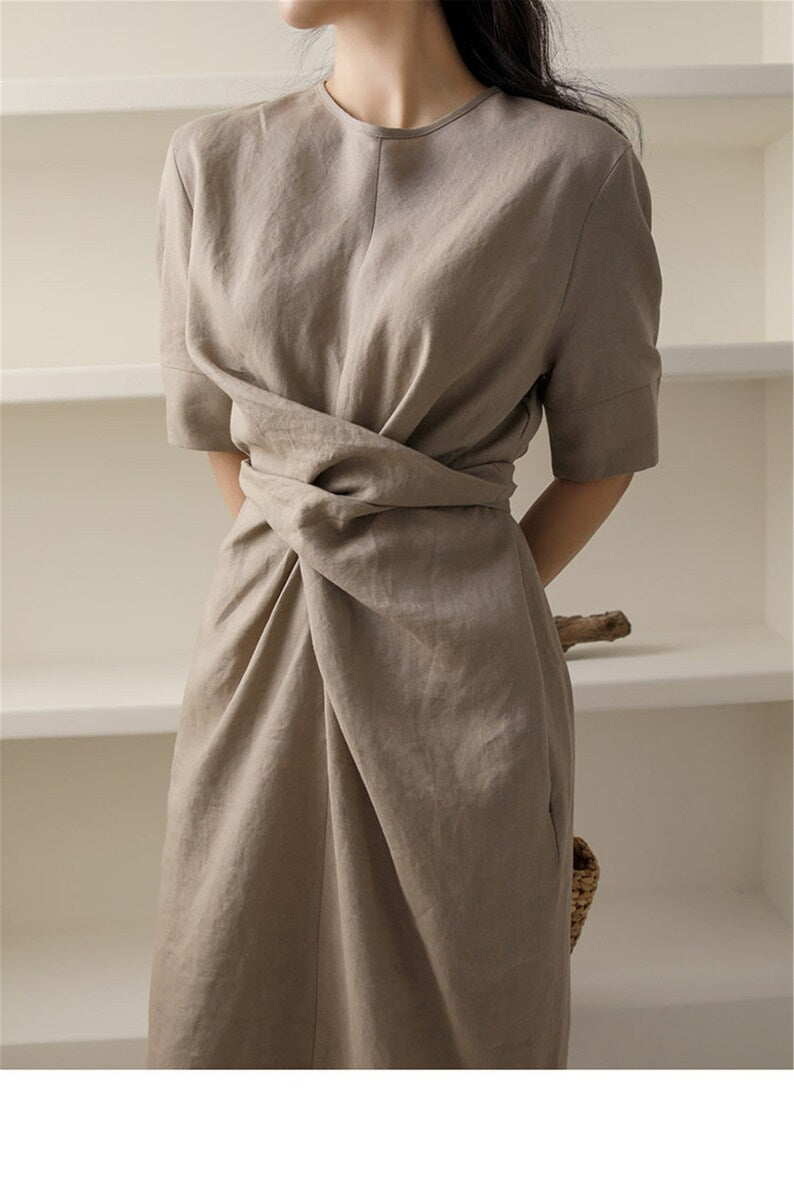 Elegant Khaki Maxi Dress - V-Neck Comfort