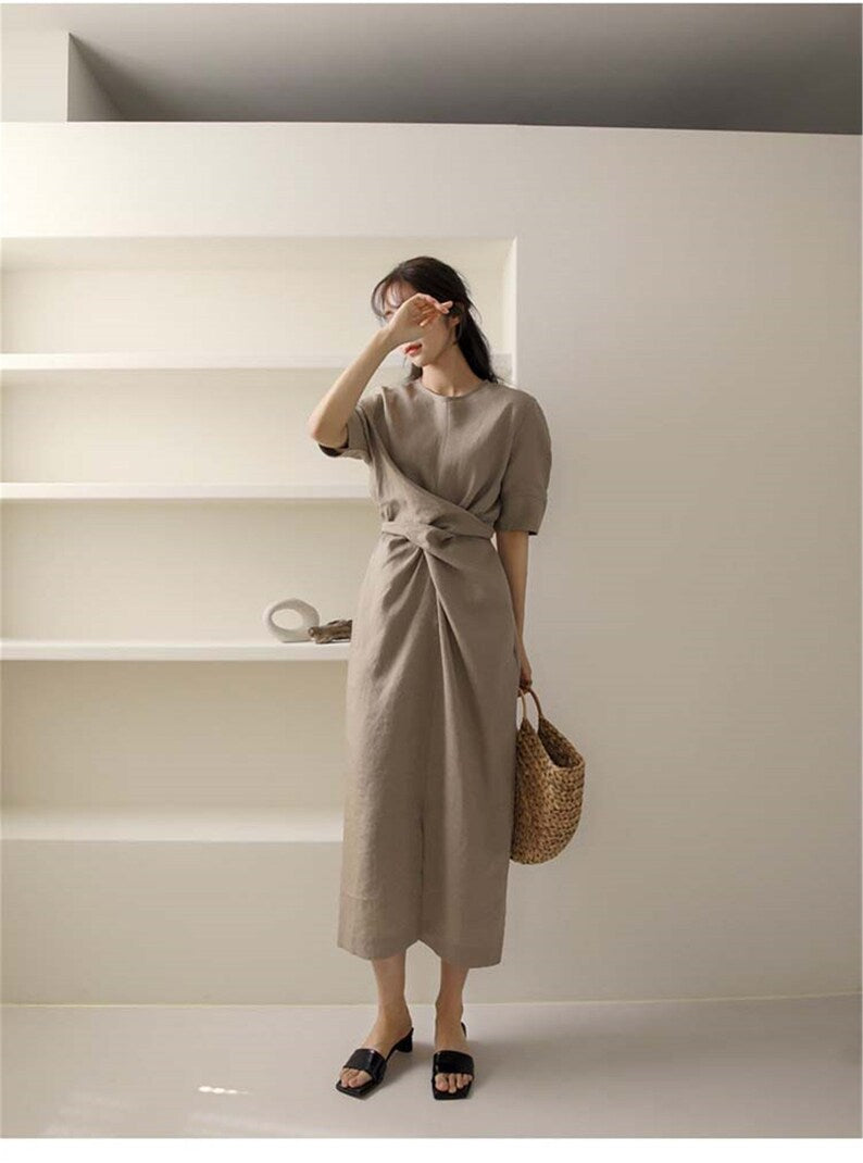 Elegant Khaki Maxi Dress - V-Neck Comfort