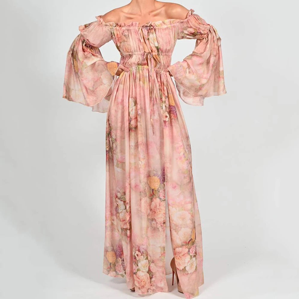 Elegant Off-the-Shoulder Floral Chiffon Dress