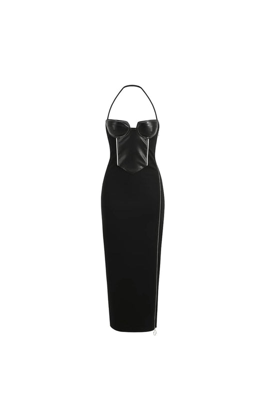Chic Black Halter Maxi Dress with Zipper Slit