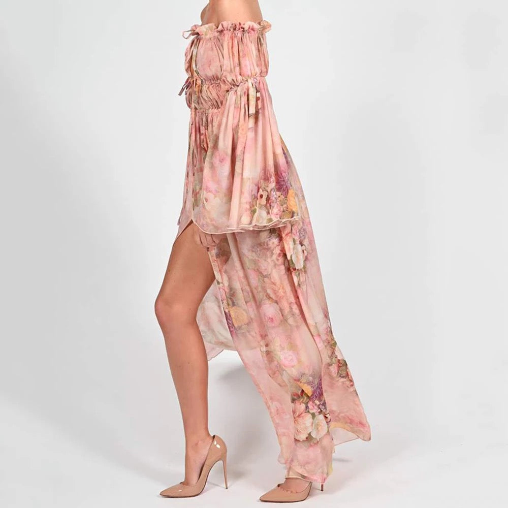 Elegant Off-the-Shoulder Floral Chiffon Dress