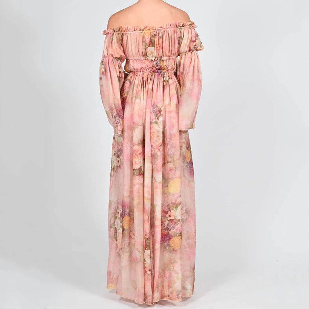 Elegant Off-the-Shoulder Floral Chiffon Dress