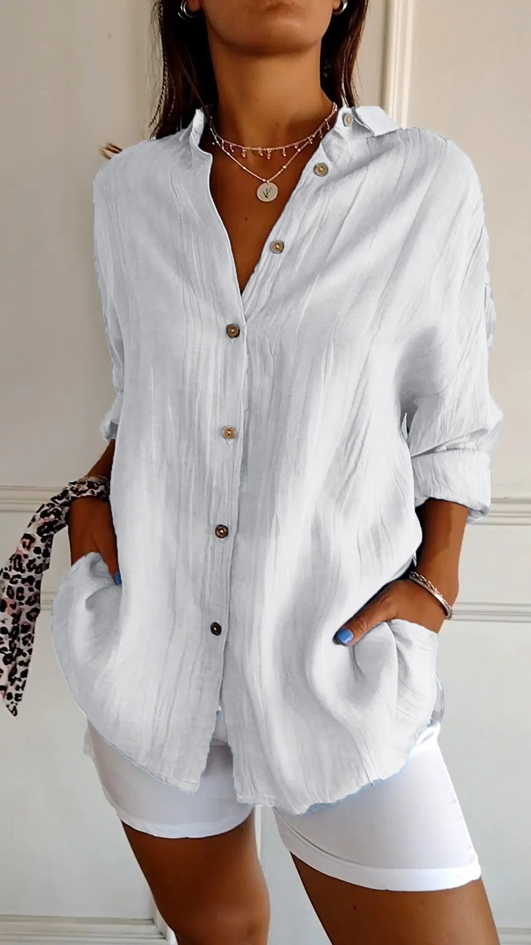 Women's Pleated Button-Up Shirt with Long Sleeves