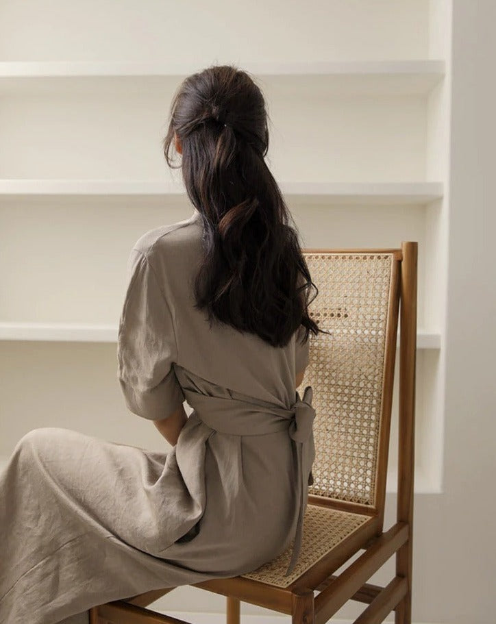 Elegant Khaki Maxi Dress - V-Neck Comfort