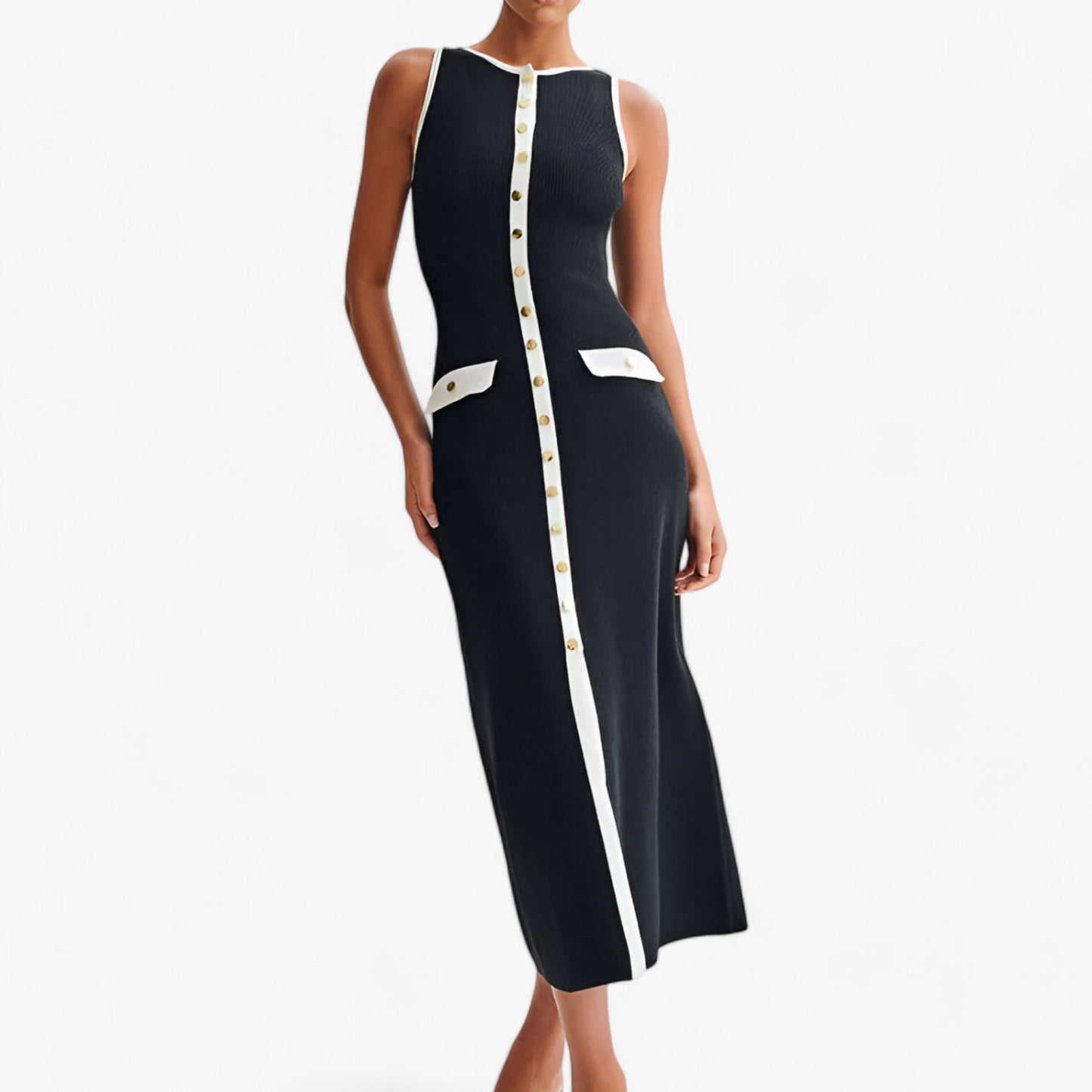 Elegant Sleeveless Maxi Dress with Golden Accents