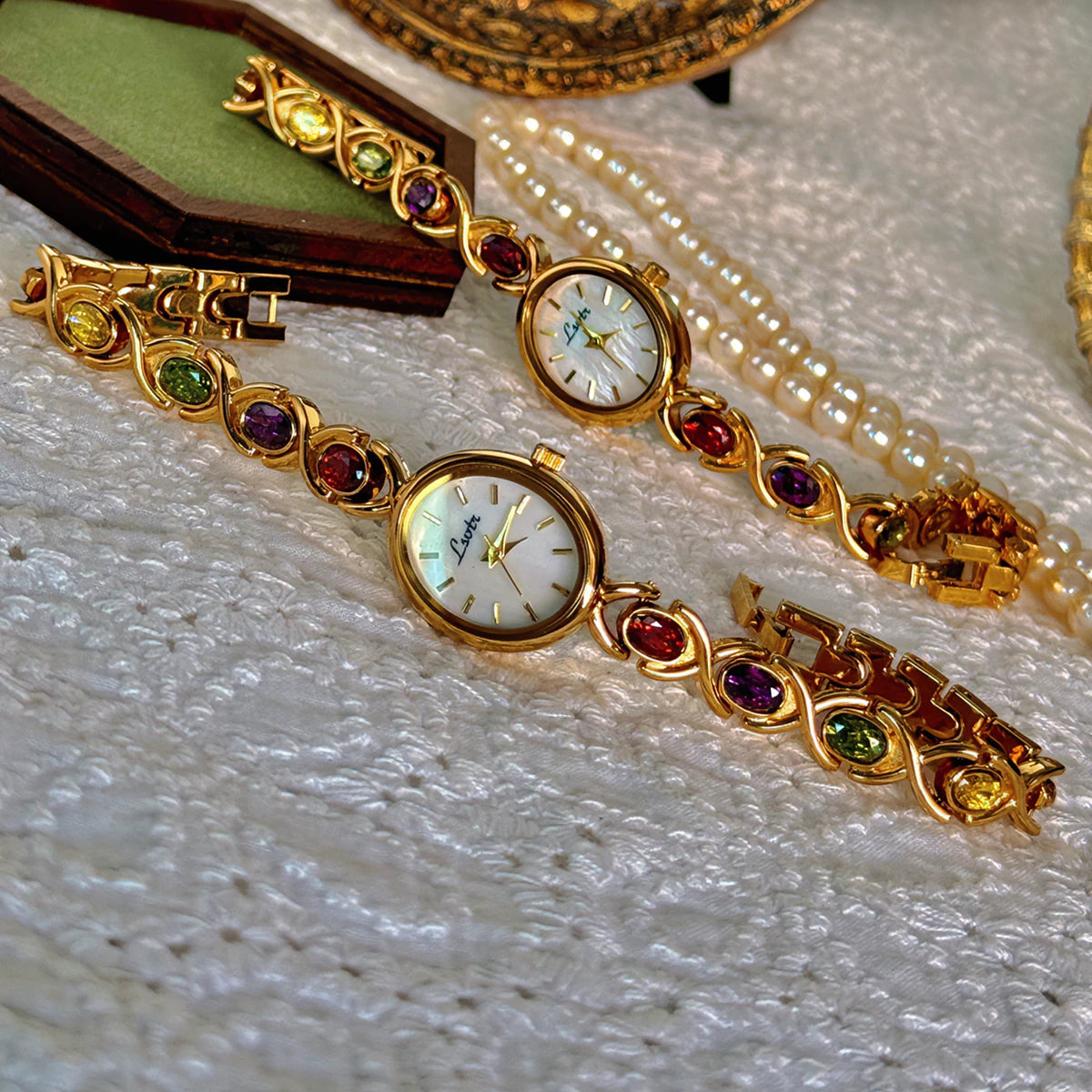 Vintage Gold Watch with Tourmaline Accents
