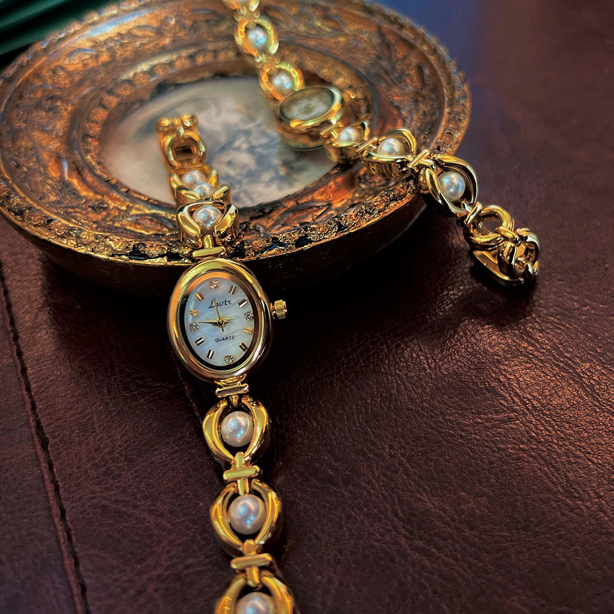 Vintage Gold Watch with Pearl Detailing