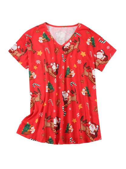 Plus Size Christmas Pajama Set with V-Neck Top and Printed Pants