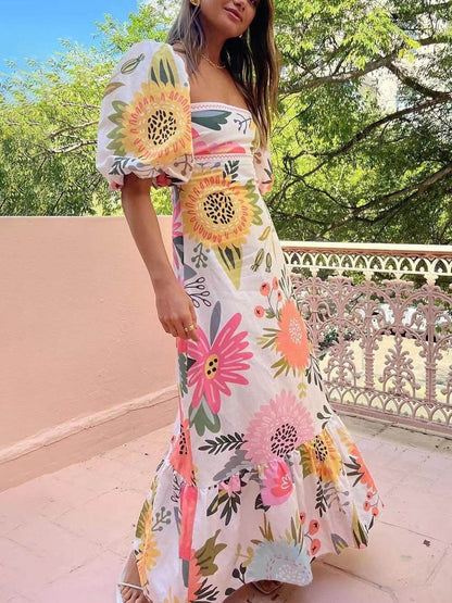 Chic Floral Maxi Dress with Puff Sleeves