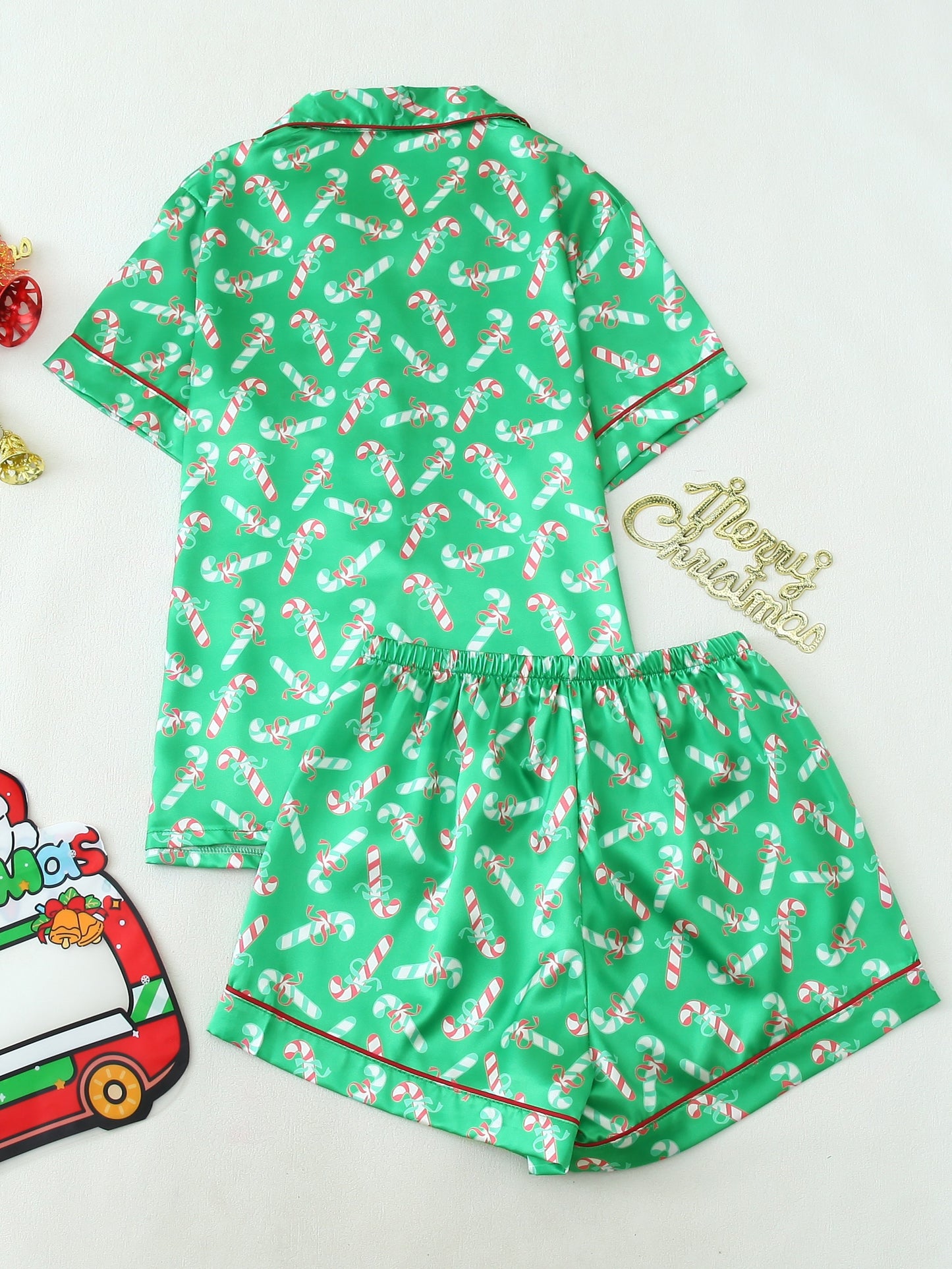 Short-Sleeve Button-Up Pajama Set with Christmas Print