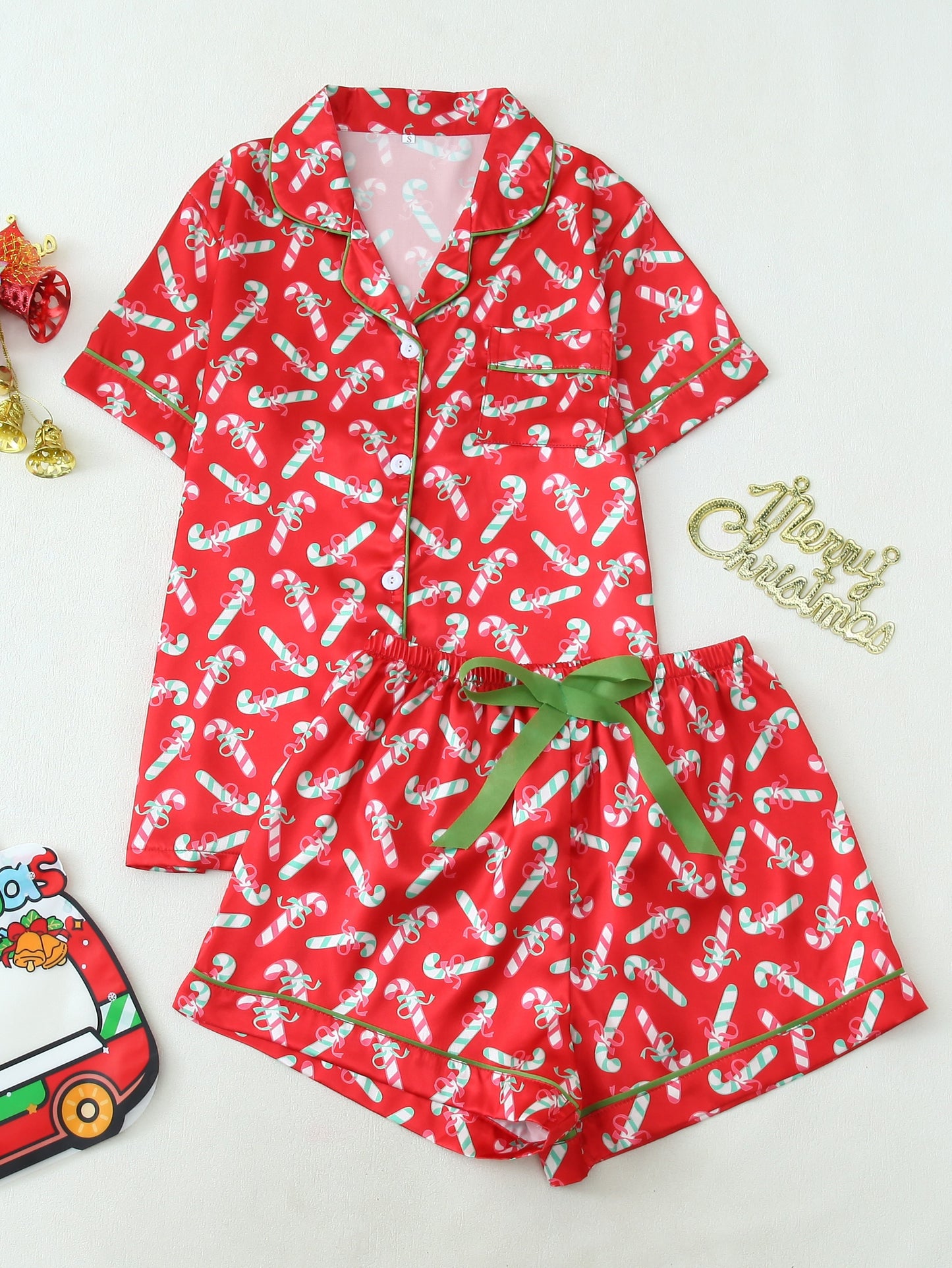 Short-Sleeve Button-Up Pajama Set with Christmas Print