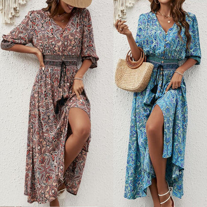 Printed Long Dress with Lantern Sleeves and Waist Tie