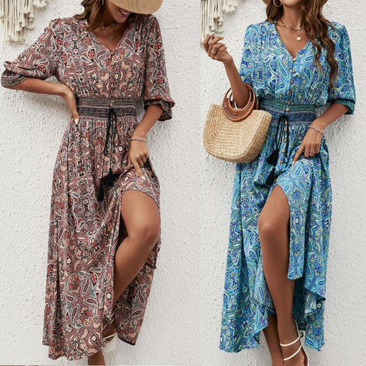 Printed Long Dress with Lantern Sleeves and Waist Tie