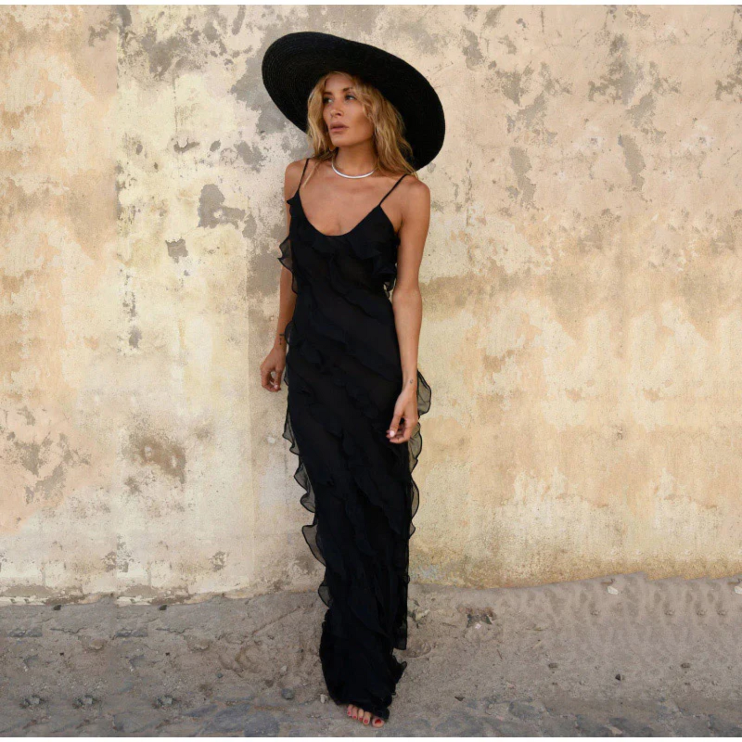 Elegant Ruffled Maxi Dress with Slit